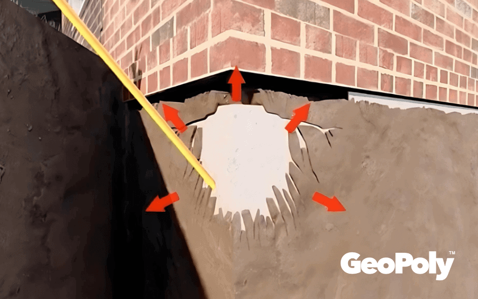 Large crack in concrete basement wall near foundation with GeoPoly branding.