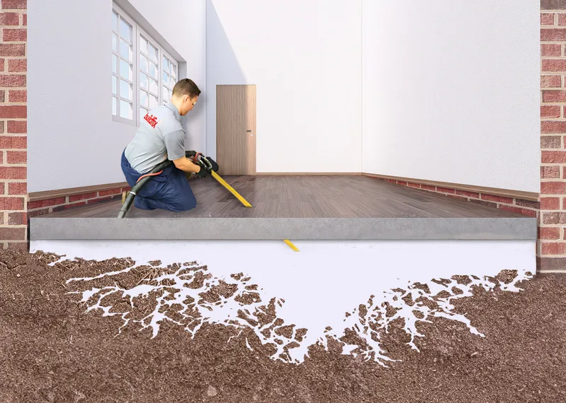 Before-and-after comparison of floor levelling with resin injection.