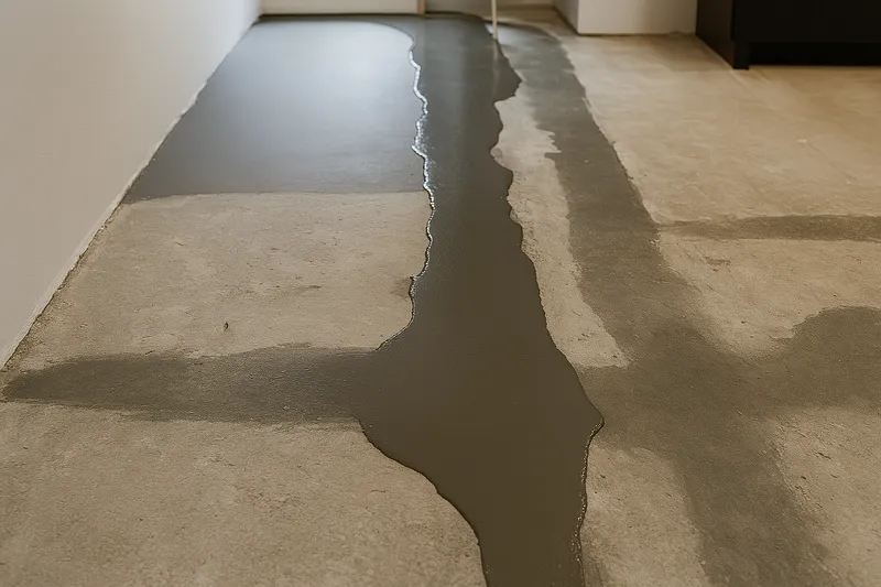 Self-levelling compound applied to an uneven concrete floor.